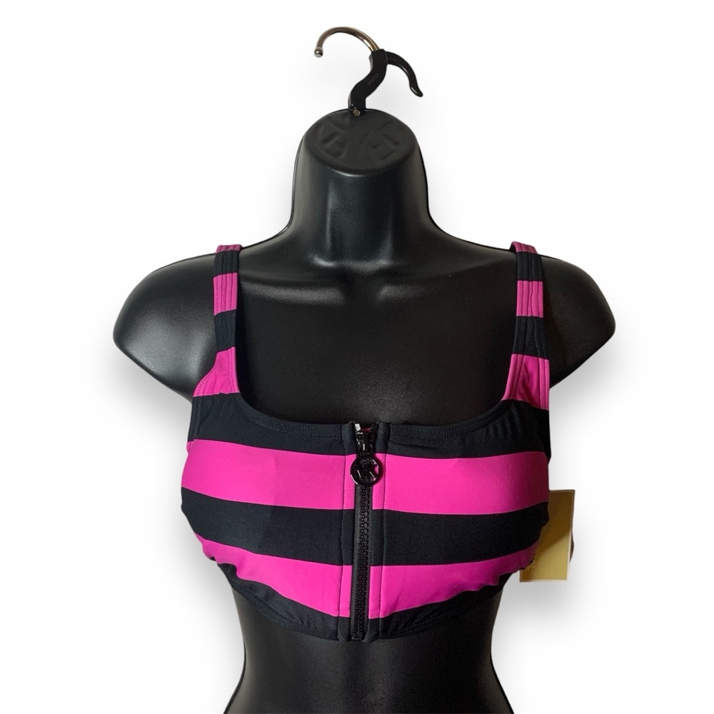 Michael Kors Bikini Top Small Zip Front Top Rugby Style Stripes Black & Pink